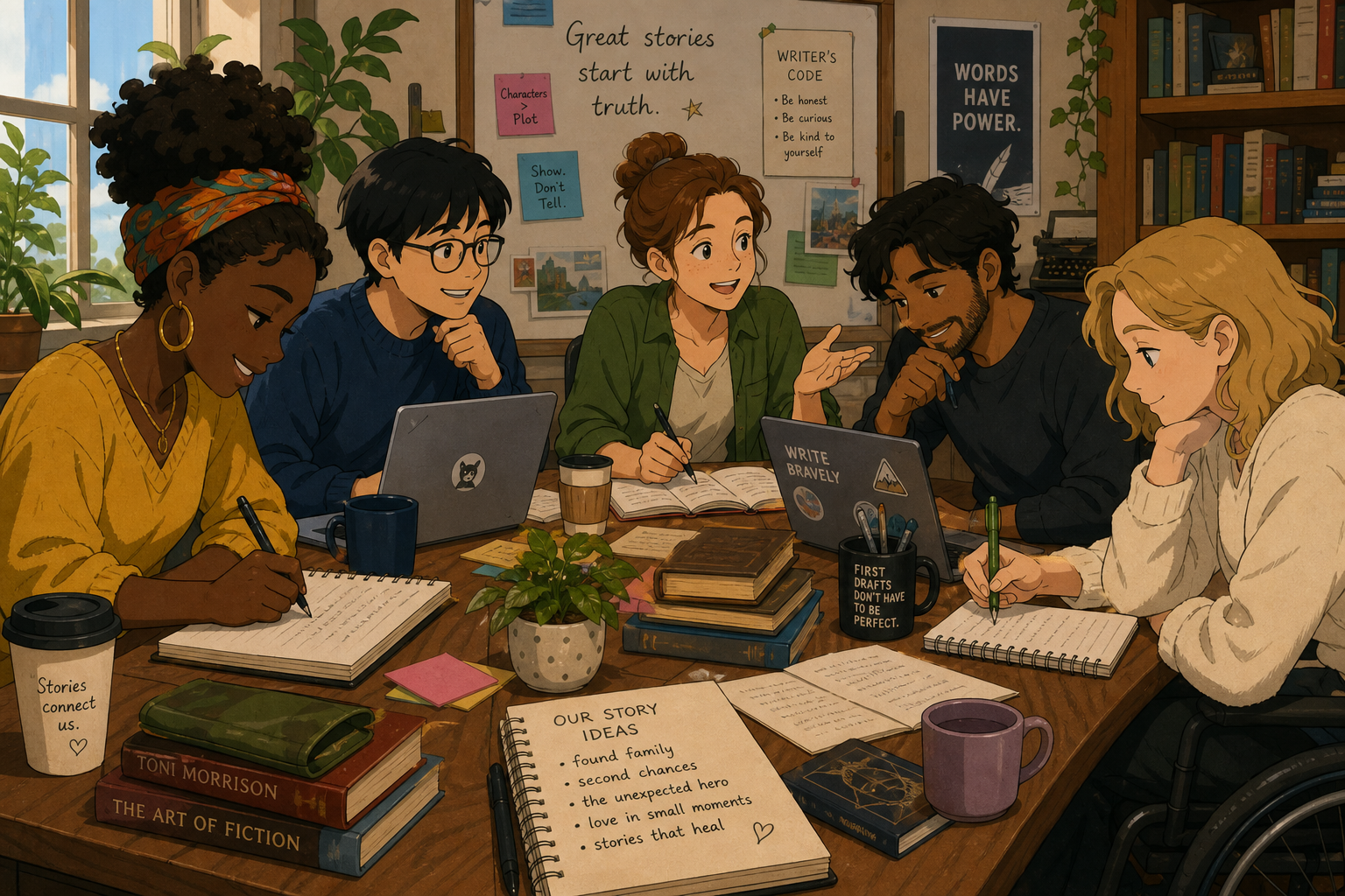 A diverse group of writers collaborates around a table in a cozy writing