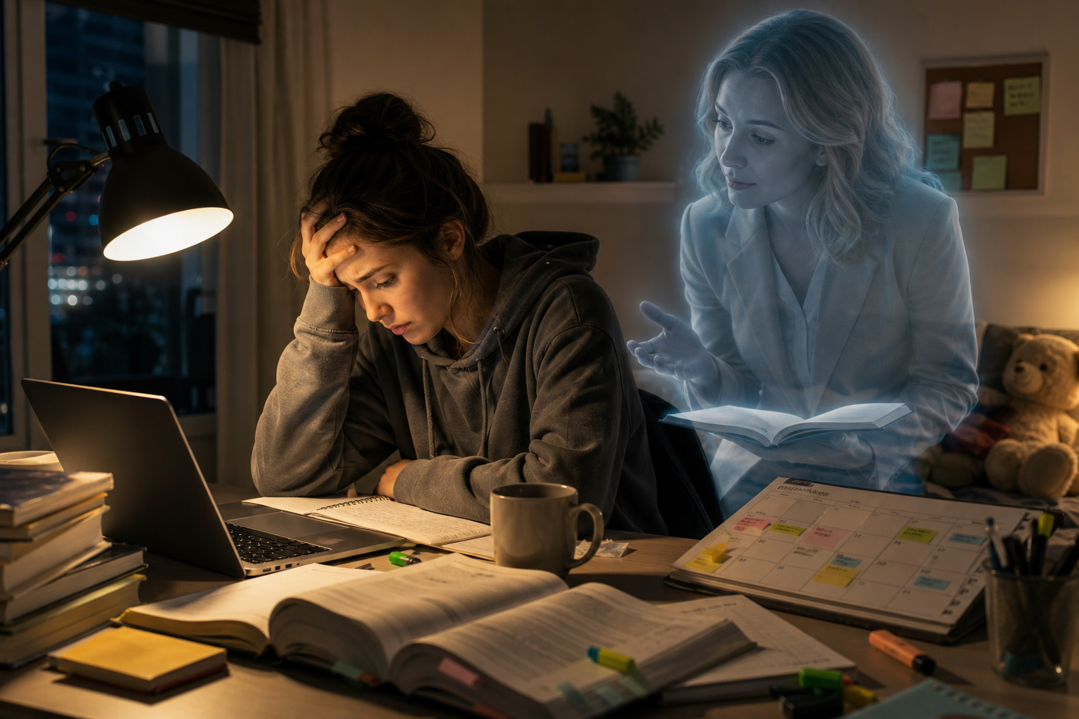 A stressed student studies at a desk while a ghostly tutor appears beside her, holding an open book
