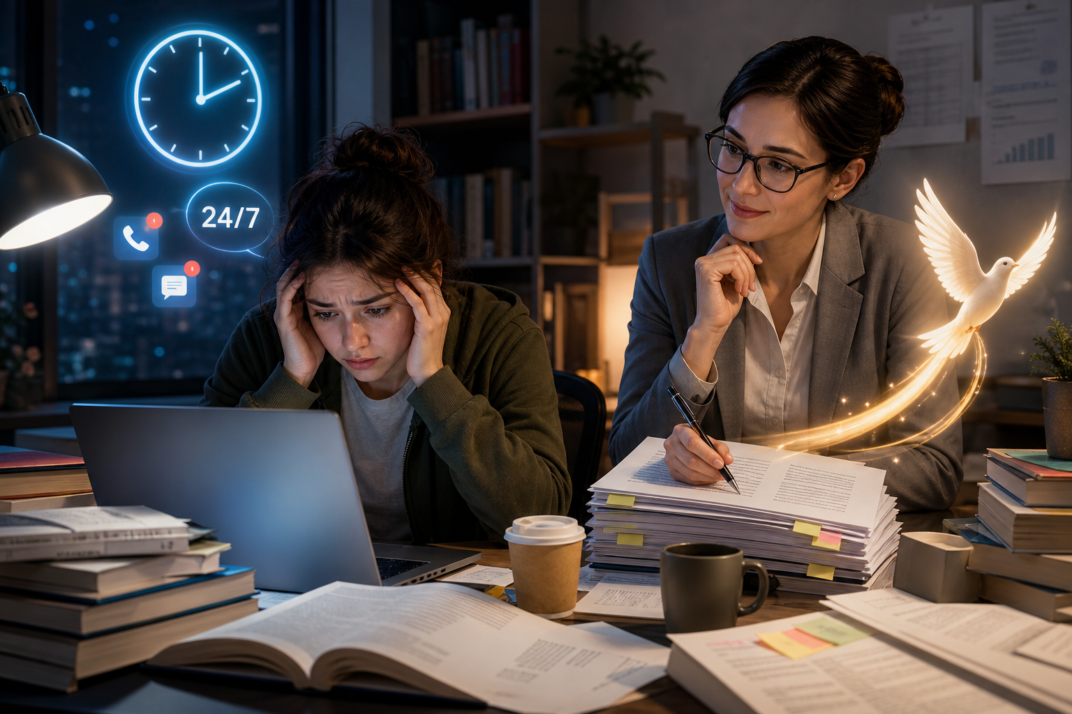 Overwhelmed student getting help from a tutor late at night, with 24/7 support icons and a dove symbolizing relief