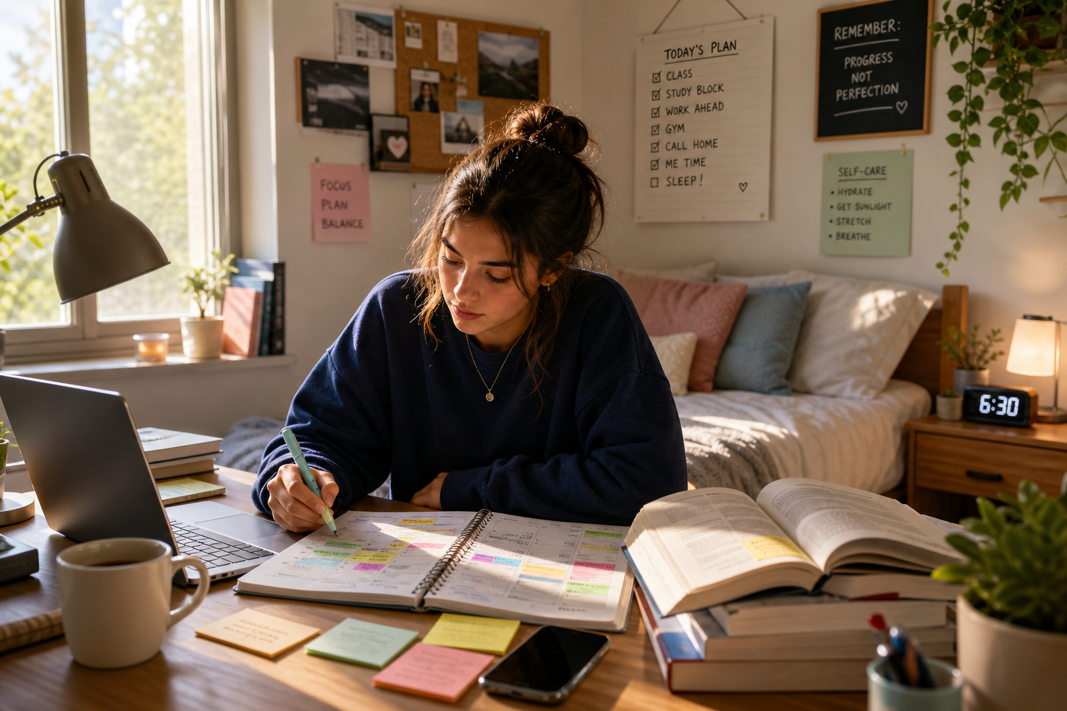 Student planning her study schedule at a desk with laptop, planner, and textbooks