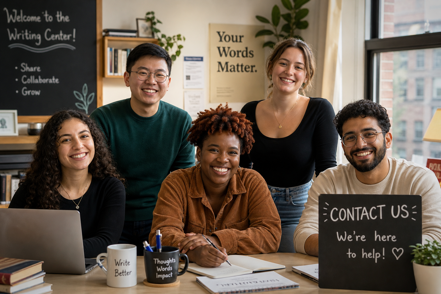 Contact Us 1 Group of smiling people in a writing center with signs inviting visitors to
