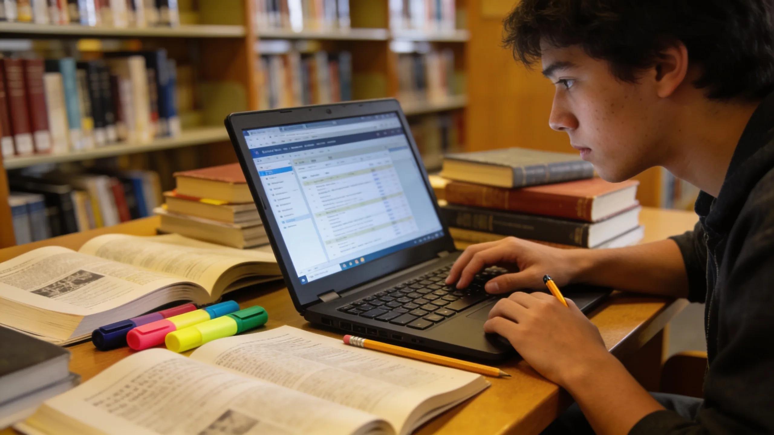How to Conduct Research That Impresses Professors 4 Student exploring academic databases in a library for gathering research