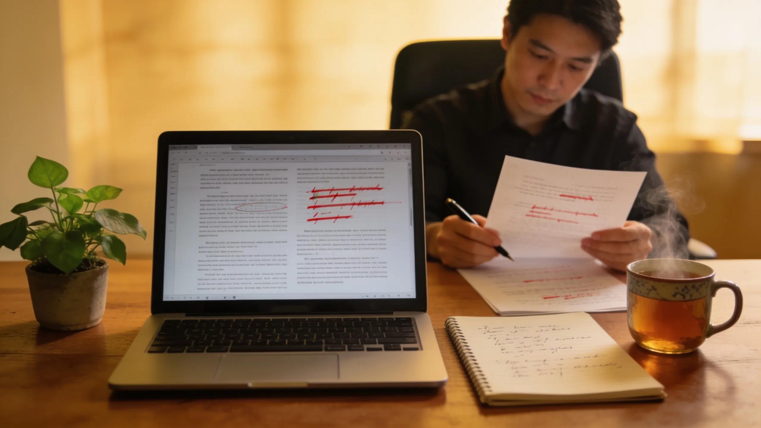How to Conduct Research That Impresses Professors 11 Workspace with a laptop and editor refining a research paper illustrating the benefits of professional editing