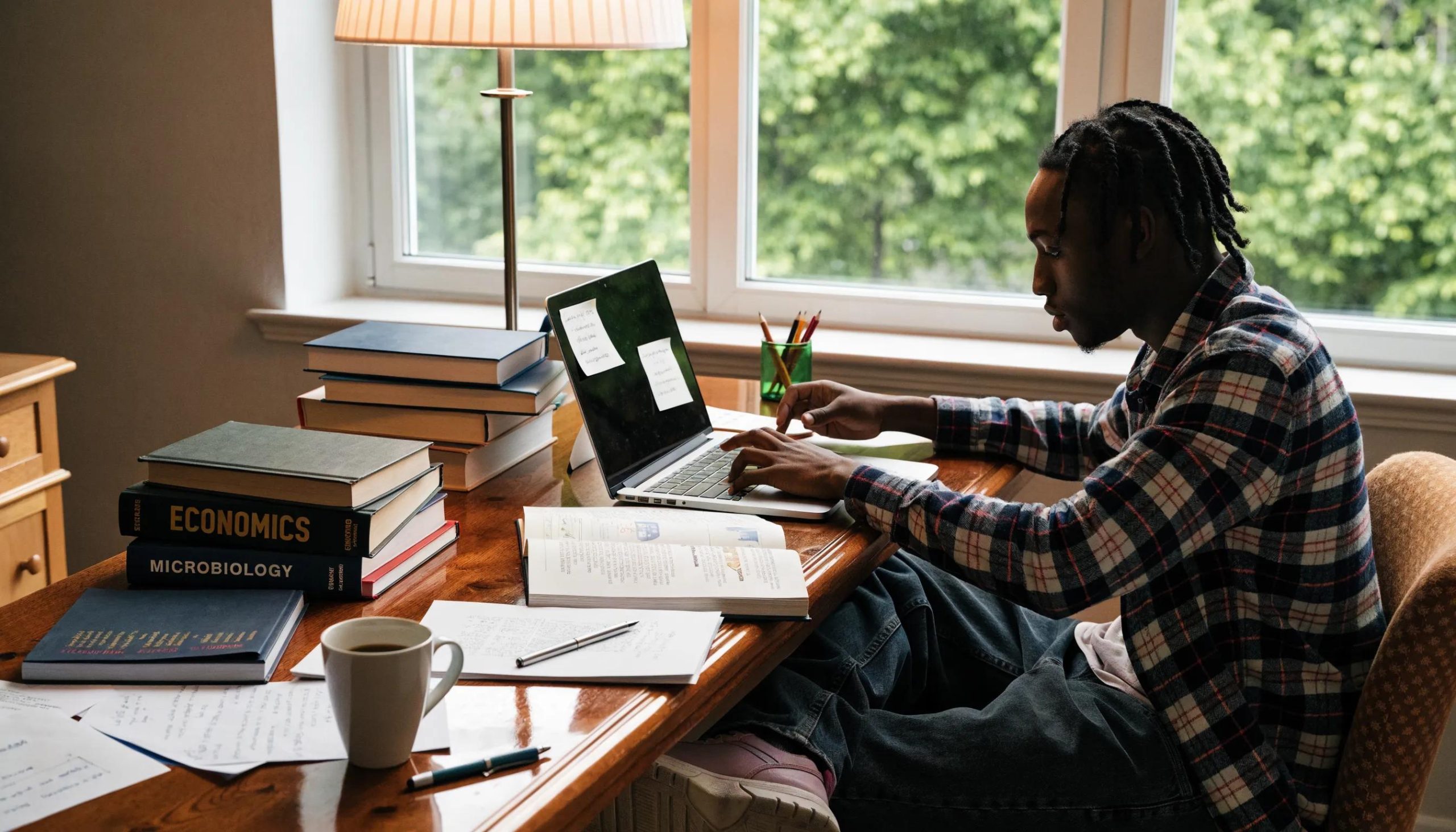How to Conduct Research That Impresses Professors 1 Student in a study environment representing the academic research process with books and a laptop