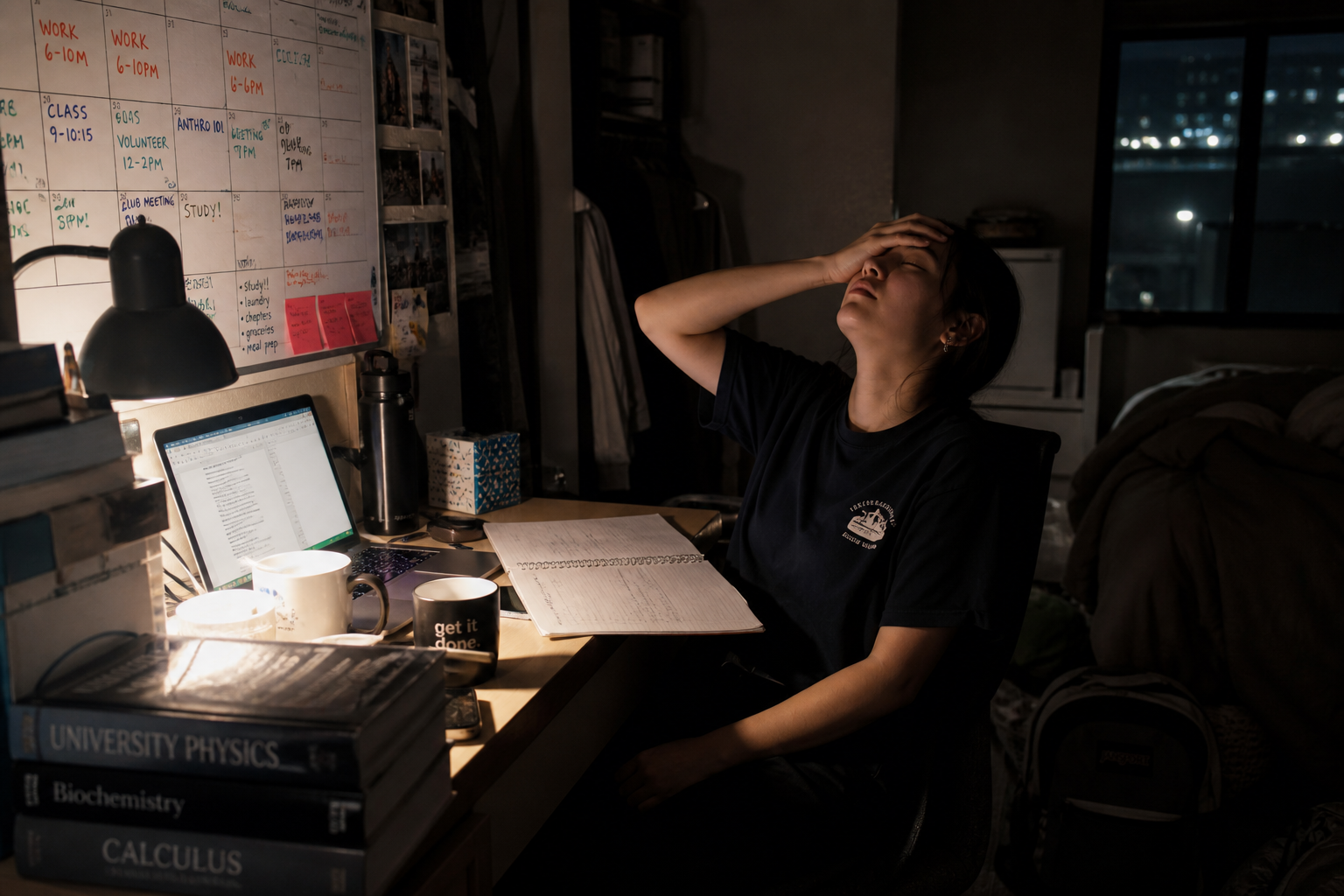 A stressed student at a desk, holding her head while studying late at night with books and a laptop