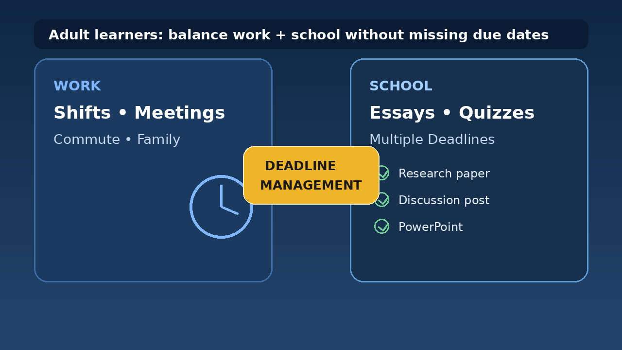 Adult learner balancing work schedule and school assignment deadlines