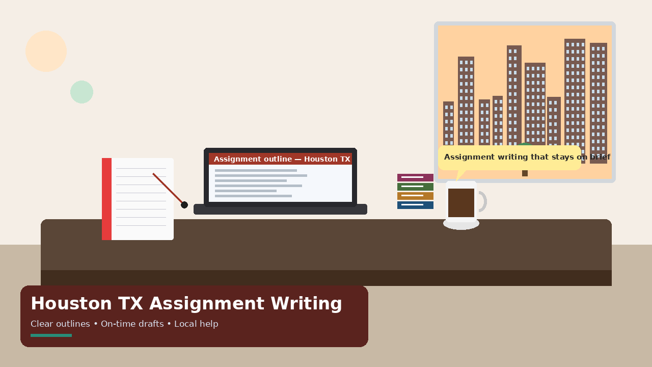 Houston TX Assignment Writing 1 Warm-toned Houston workspace illustrating assignment writing support