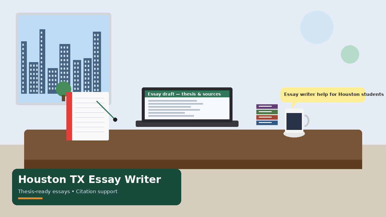 Houston TX Essay Writer 1 Green-accent academic desk scene for Houston TX essay writer help