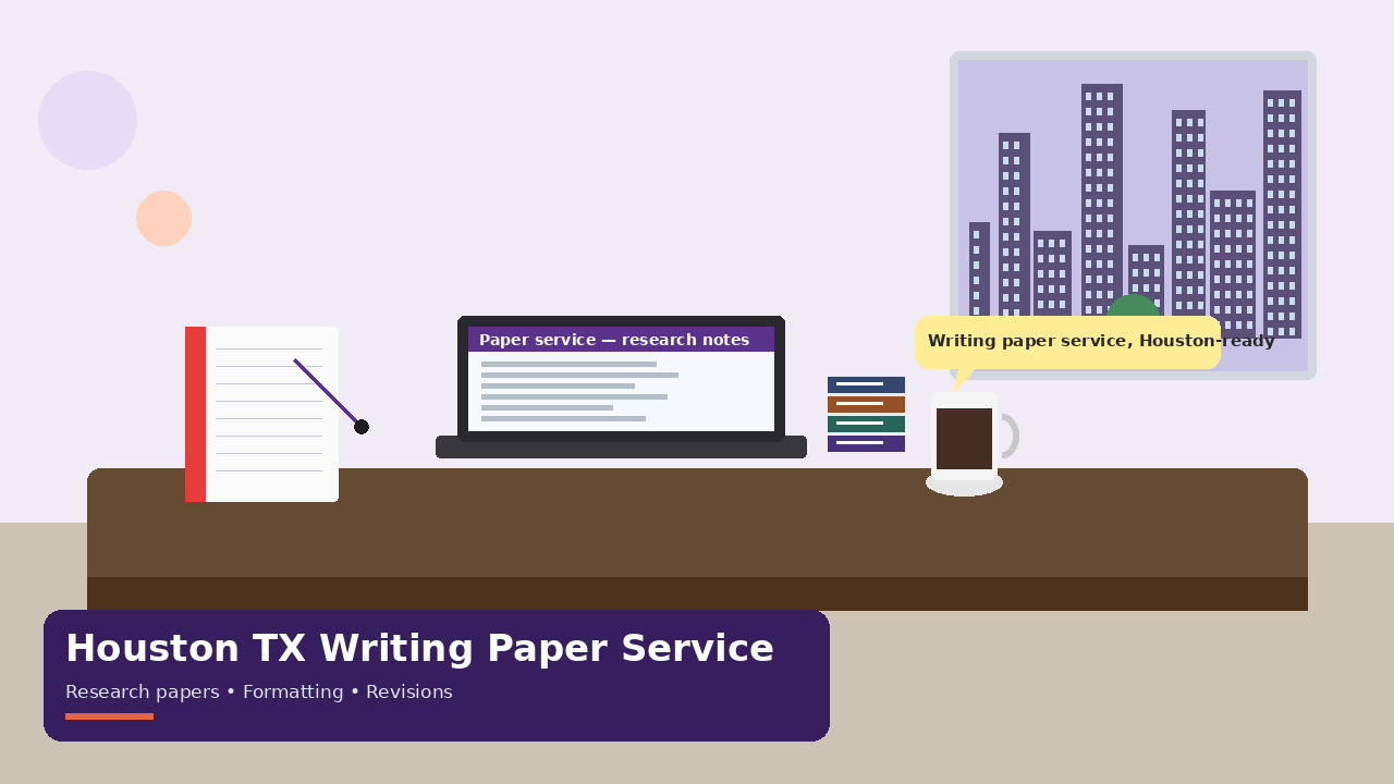 Houston Texas Writing Paper Service 1 Purple-accent Houston desk scene for writing paper service support