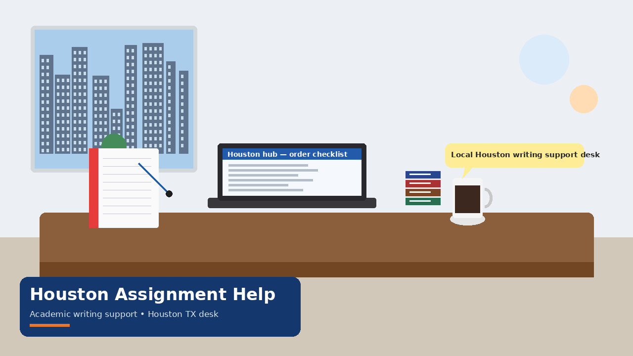 Houston student desk with laptop and skyline for local assignment help