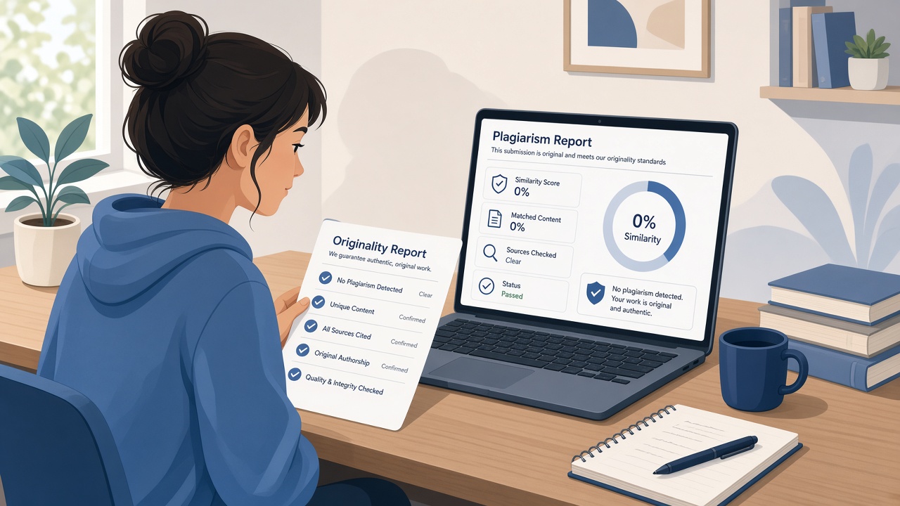 Originality Guarantees in Assignment Services Explained 4 College student checking originality and plagiarism-report details before ordering custom assignment writing services
