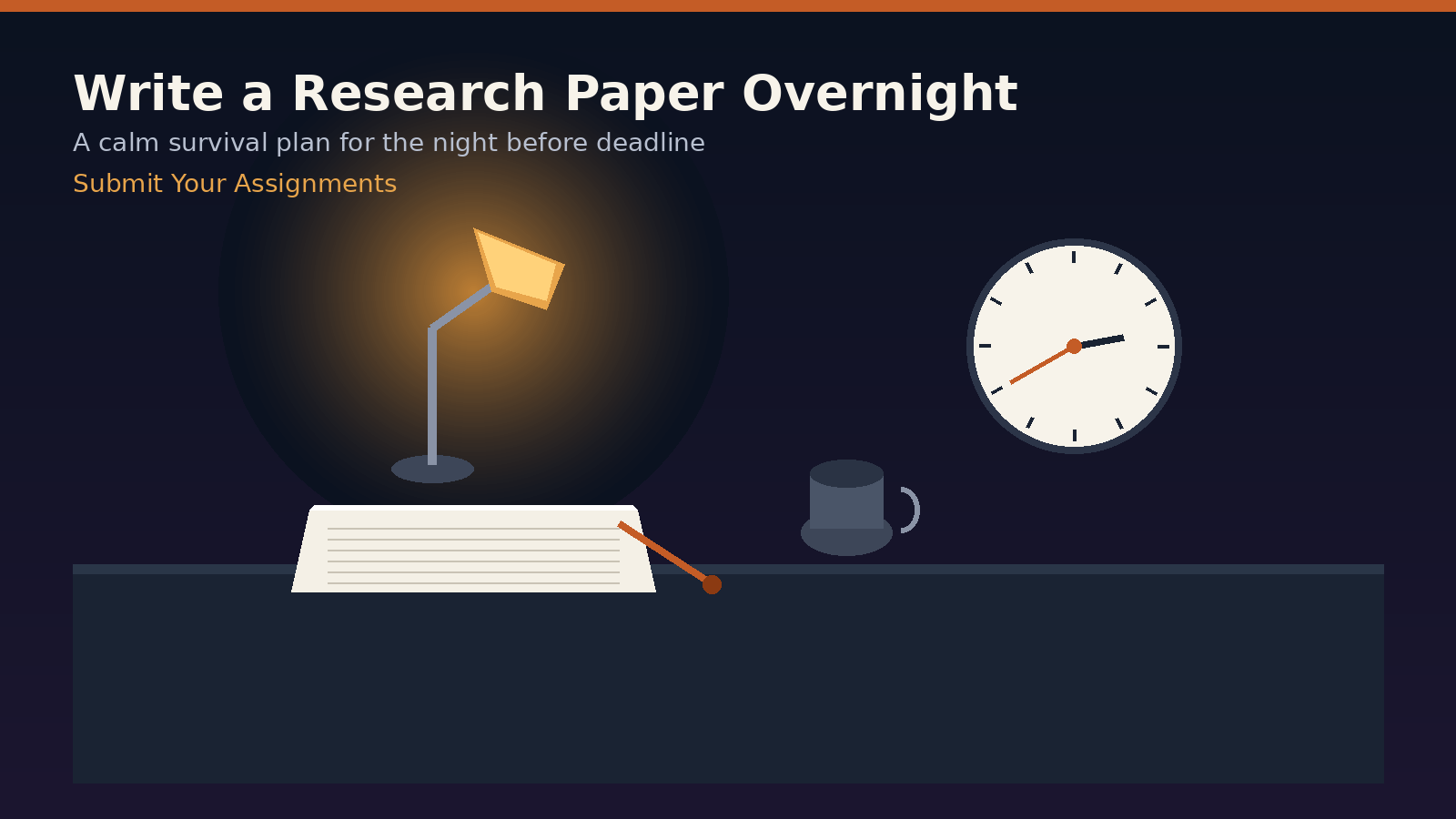 How to Write a Research Paper Overnight Without Freaking Out 2 Student desk at night with lamp glow, notebook, coffee, and clock for writing a research paper overnight