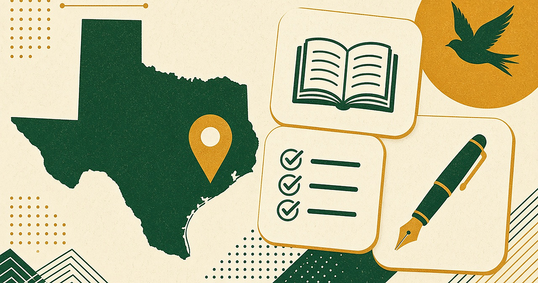 Houston writing services flat brand hero with Texas map pin and writing icons