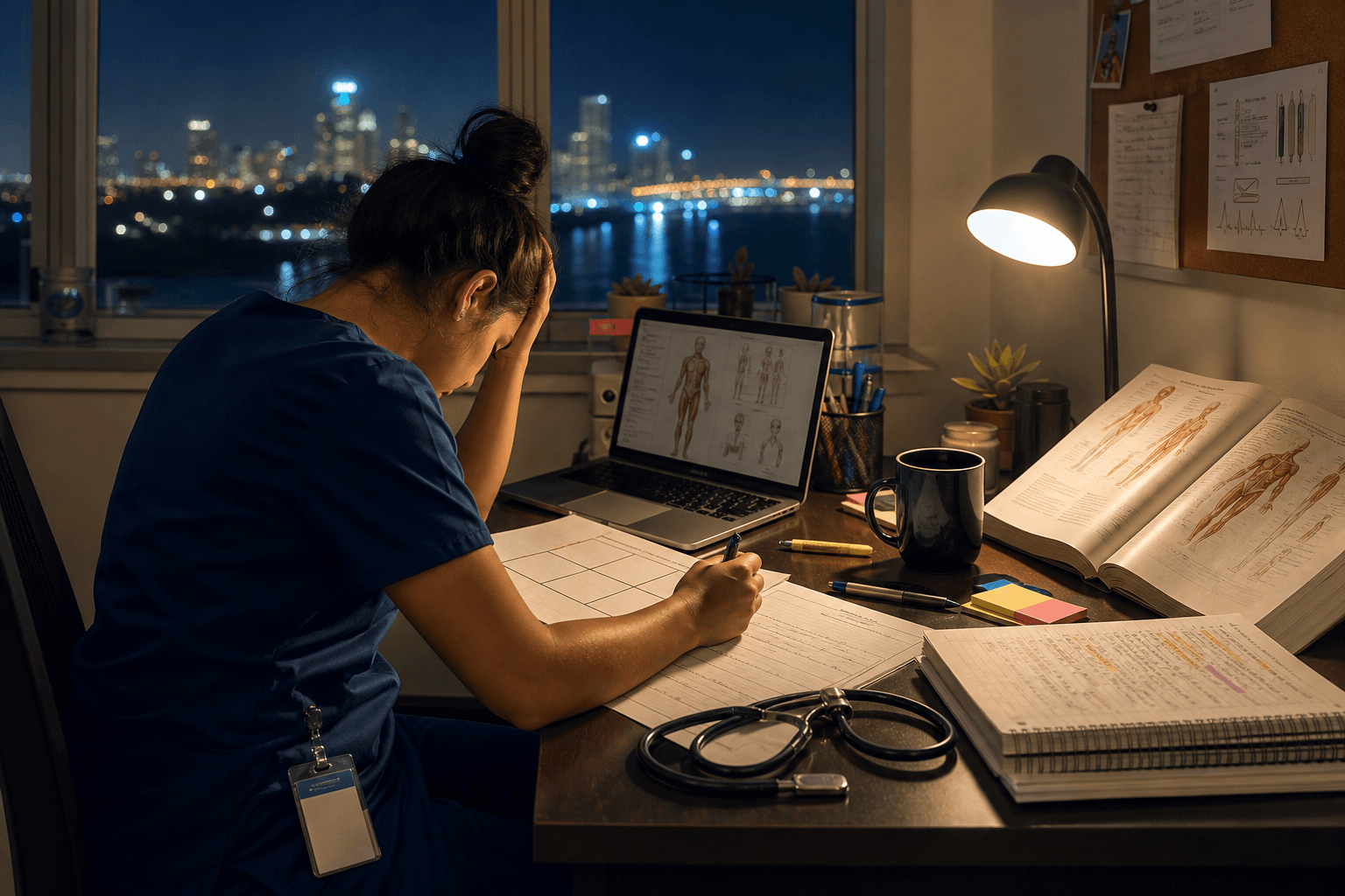 Nursing Care Plan Writing Service: Expert Help for UTMB and Houston Nursing Students 1 Medical student in scrubs studies anatomy diagrams at a desk beside a laptop and stethoscope at night