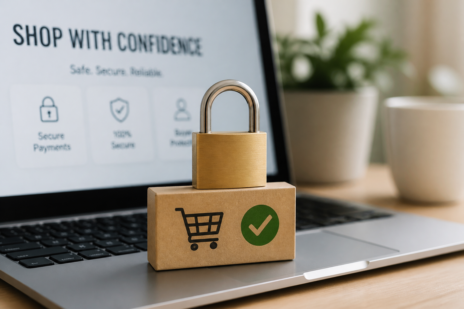 Padlock on a package marked with a shopping cart and check mark, symbolizing