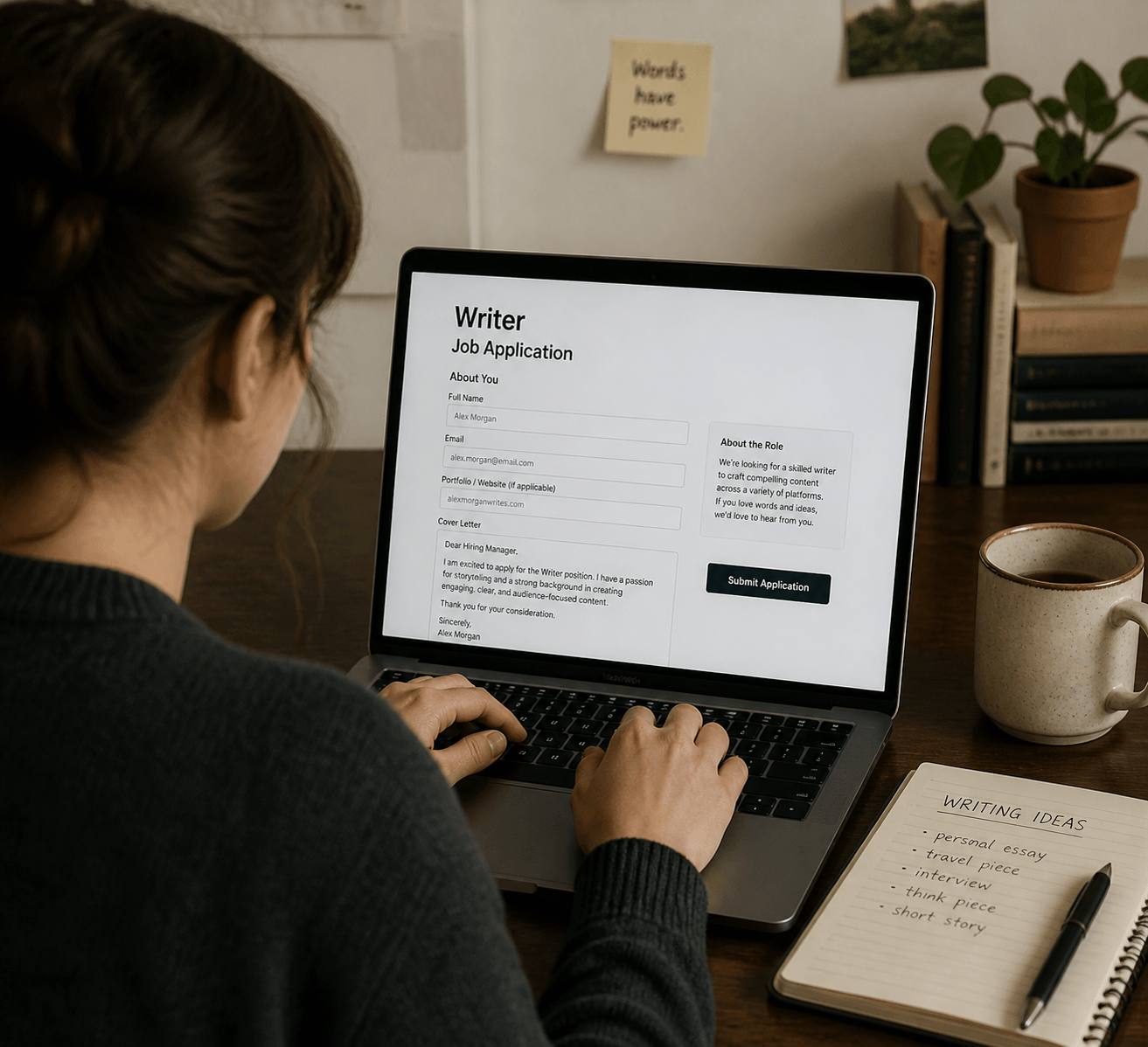 Future Writers 1 Person completes a writer job application on a laptop beside a notebook of