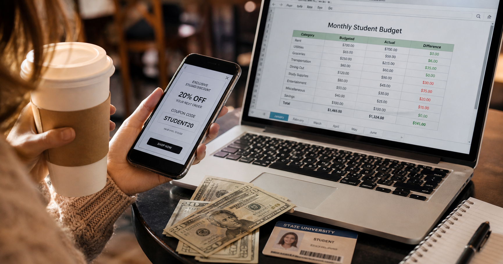Student Discounts & Promotions 2026 | Submit Your Assignments 1 Student reviewing discount savings on a phone and laptop at a cafe table with student ID and coffee