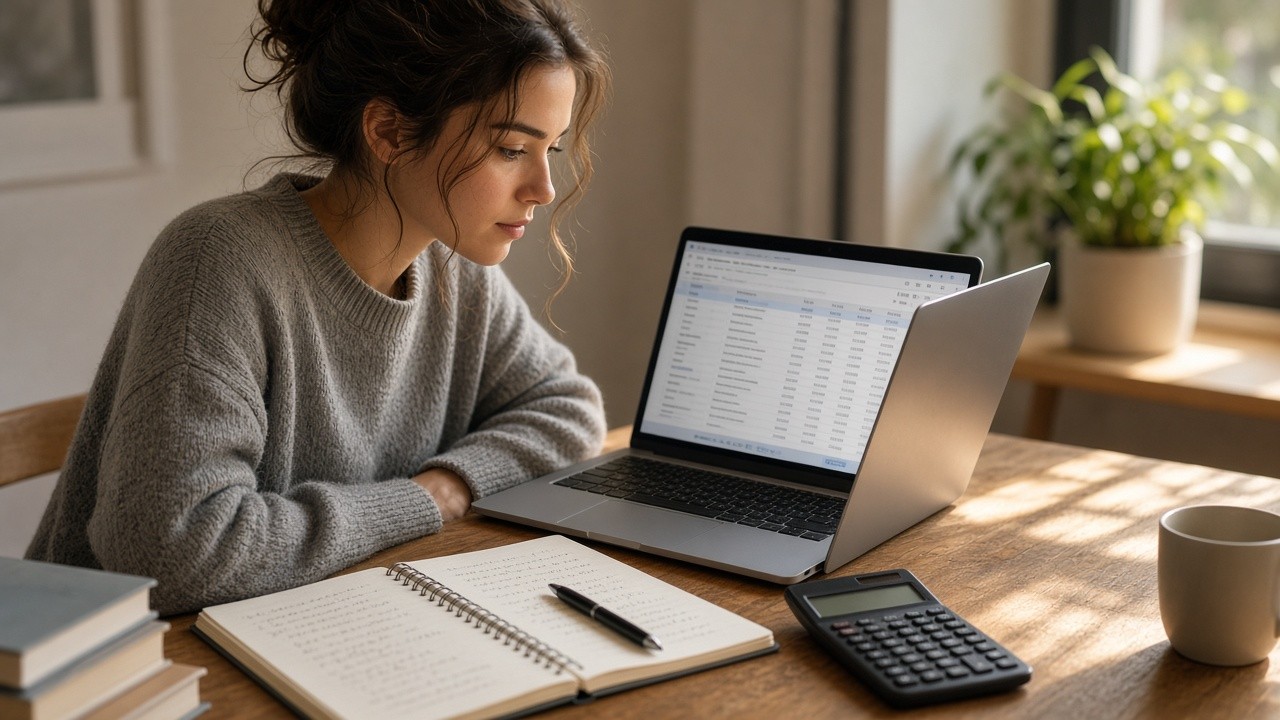 Pricing at Submit Your Assignments: How We Quote Your Order 1 College student reviewing her order details on a laptop at a sunlit desk with a notebook and calculator beside her